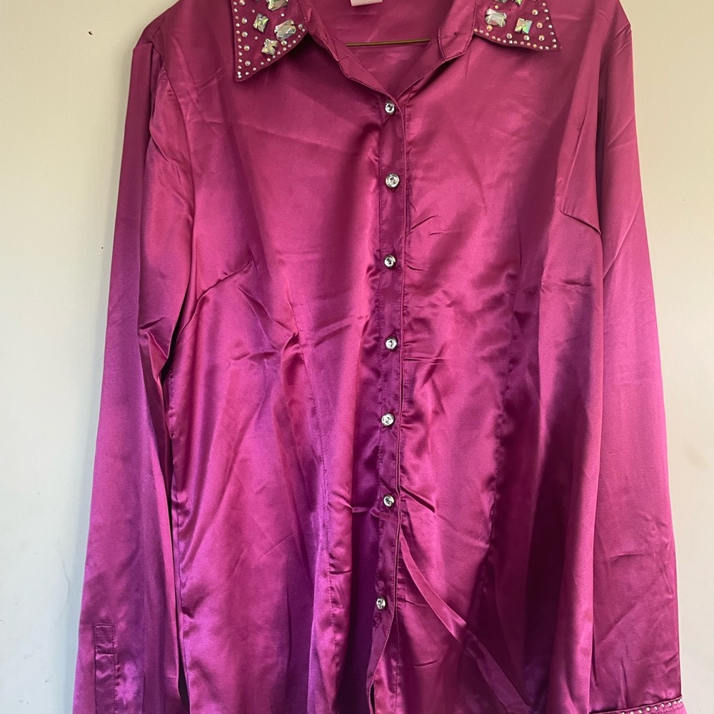 Pink Embellished Collar Button Down Shirt For Western Horse Shows